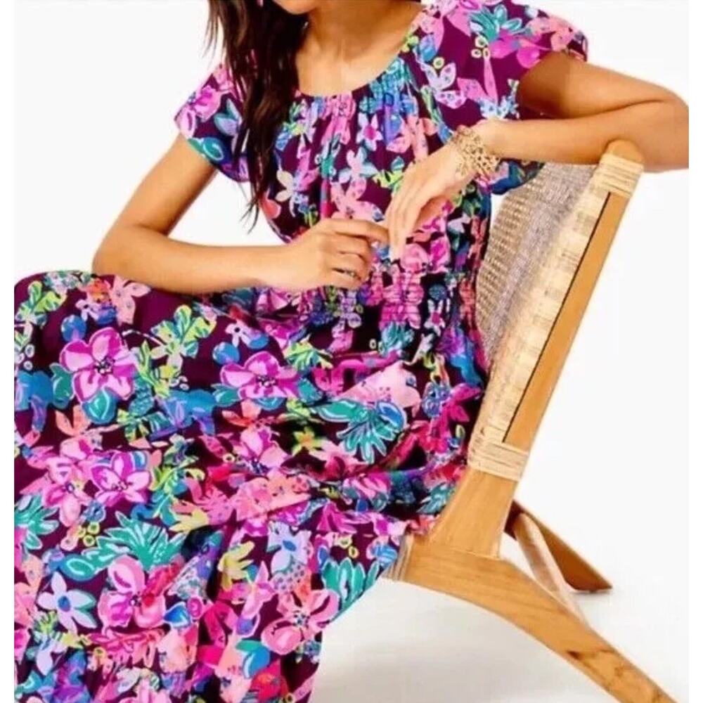 Lilly Pulitzer Ellabell Midi Cotton Dress Cherry Ganache Bohemian Garden Size XS